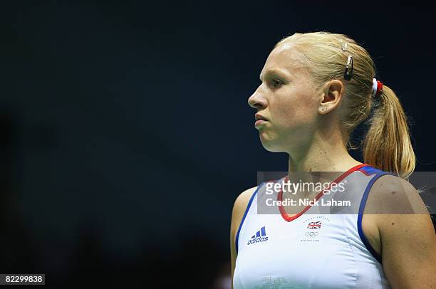 Gail Emms of Great Britain looks on in between play as he and his partner Nathan Robertson take on Hyojung Lee and Yongdae Lee of Korea in the mixed...