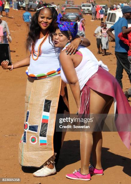 Local residents are dressed in traditional attires during the initiation ceremony celebrations in Lebowakgomo on July 23, 2017 in Limpopo, South...