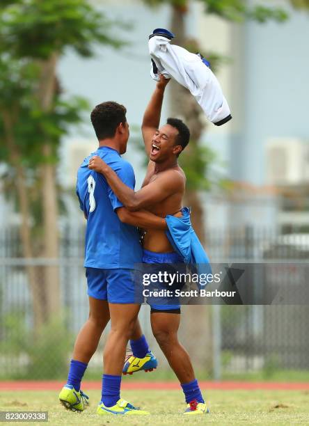 Samoa celebrate winning the gold medal at full time during the Rugby Sevens Boys Gold Medal match between Samoa and England on day 4 of the 2017...