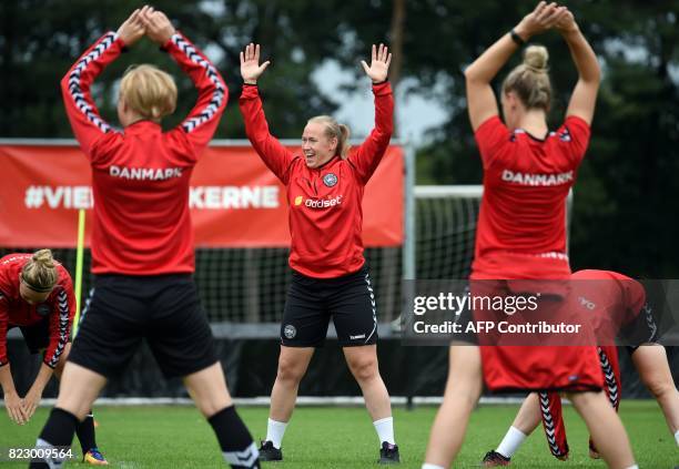 Denmark's women national football team goalkeeper Stina Lykke Petersen takes part in a training sesion during the UEFA Women's Euro 2017 football...