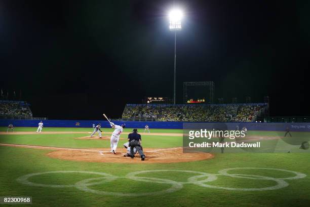 Hideaki Wakui of Japan throws a pitch to Lin Chih-Sheng of the Chinese Taipei during their preliminary baseball game at the Wukesong Baseball Field...