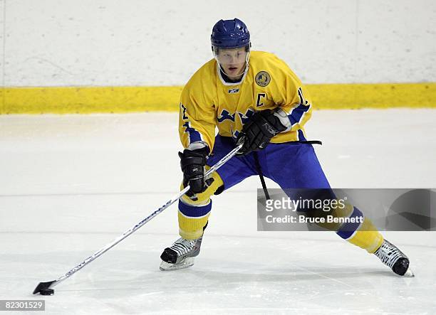Oscar Moller of Team Sweden skates against Team USA at the USA Hockey National Junior Evaluation Camp on August 9, 2008 at the Olympic Center in Lake...