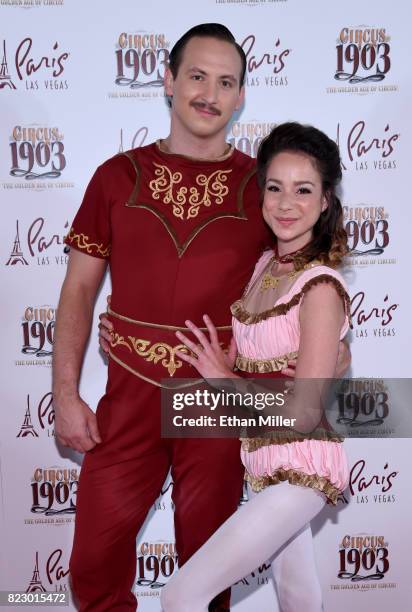 Cast members Andrei Kalesnikau and Anny Laplante of Les Incredibles arrive at the opening night of "CIRCUS 1903" at Paris Las Vegas on July 25, 2017...