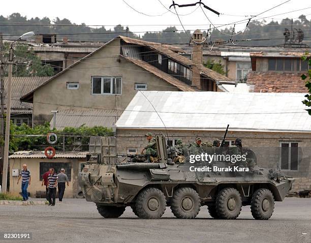 Russian soldiers keep their positions in the Georgian city of Gori on August 14, 2008 near South Ossetia, Georgia. Tensions continued in the north...