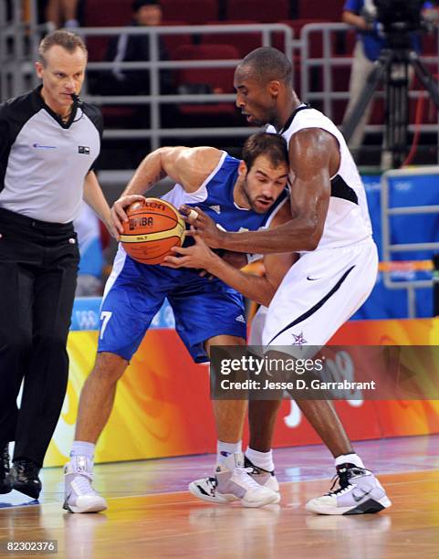 Kobe Bryant of the U.S. Men's Senior National Team defends against Vassilis Spanoulis of Greece during a men's preliminary basketball game at the...