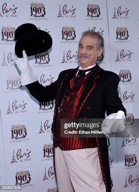 Ringmaster Willy Whipsnade arrives at the opening night of "CIRCUS 1903" at Paris Las Vegas on July 25, 2017 in Las Vegas, Nevada.