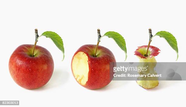 apple depicted in three stages of being eaten - core stock pictures, royalty-free photos & images