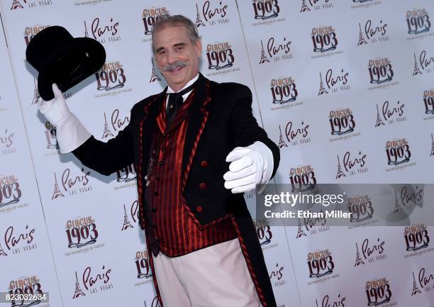 Ringmaster Willy Whipsnade arrives at the opening night of "CIRCUS 1903" at Paris Las Vegas on July 25, 2017 in Las Vegas, Nevada.