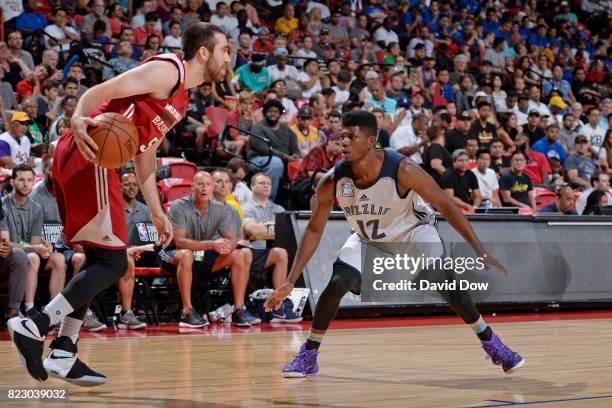 Wes Washpun of the Memphis Grizzlies plays defense against the Miami Heat during the Quarterfinals of the 2017 Summer League on July 15, 2017 at the...