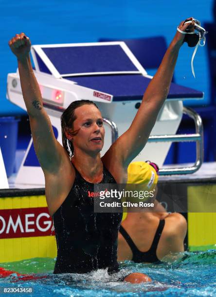 Federica Pellegrini of Italy celebrates winning the gold medal during the Women's 200m Freestyle final on day thirteen of the Budapest 2017 FINA...