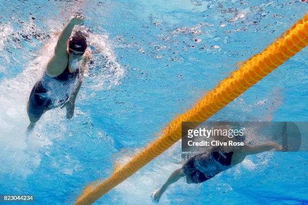Katie Ledecky of the United States and Veronika Popova of Russia compete during the Women's 200m Freestyle final on day thirteen of the Budapest 2017...