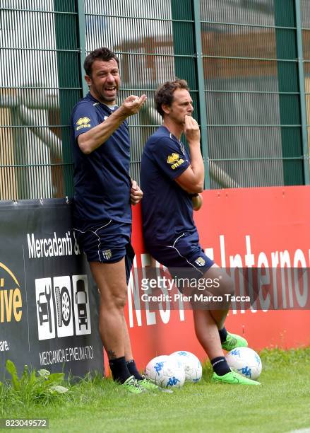 Head Coach of Parma Callcio Roberto D' Aversa gestures during the pre-season friendly match between Parma Calcio and Settaurense on July 26, 2017 in...