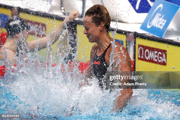 Federica Pellegrini of Italy celebrates winning the gold medal during the Women's 200m Freestyle final on day thirteen of the Budapest 2017 FINA...