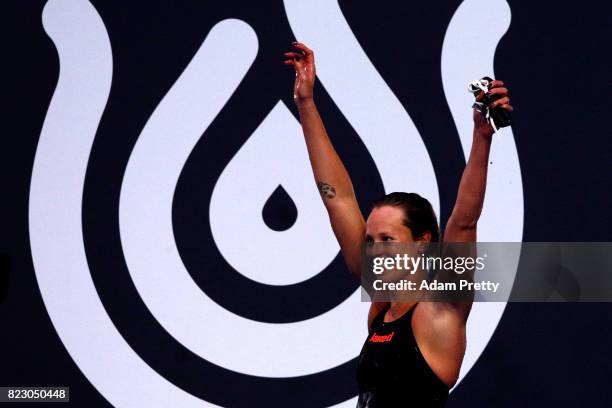 Federica Pellegrini of Italy celebrates winning the gold medal during the Women's 200m Freestyle final on day thirteen of the Budapest 2017 FINA...