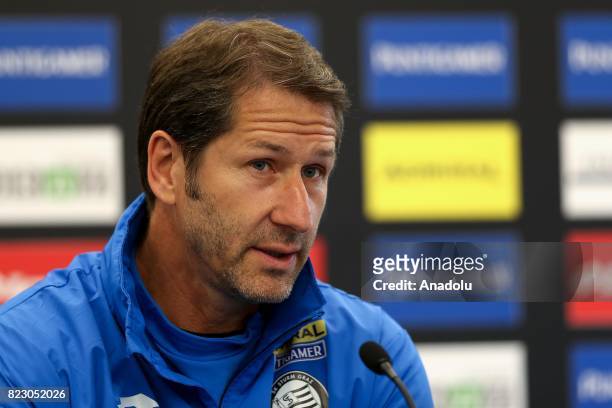 Head coach of Sturm Graz Franco Foda holds a press conference ahead of the UEFA Europa League third qualifying round match between Sturm Graz and...
