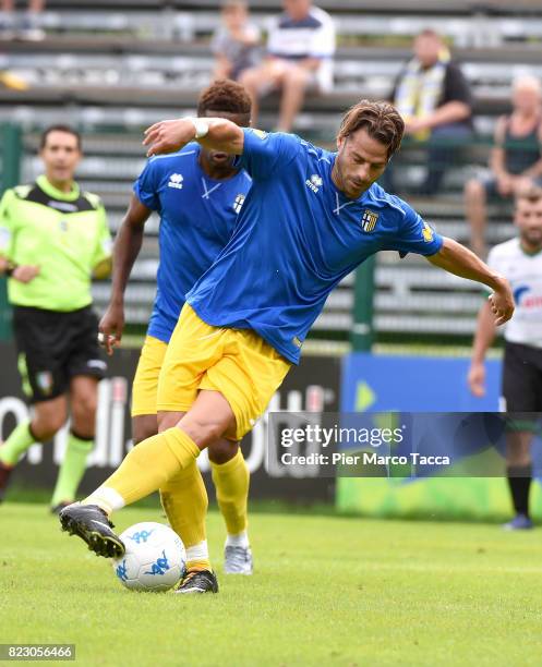 Emanuele Calaio of Parma Calcio shoots the ball during the pre-season friendly match between Parma Calcio and Settaurense on July 26, 2017 in Pinzolo...