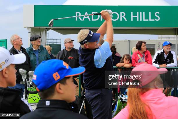 Colin Montgomerie gives a Radnor Hills Masterclass clinic with junior golfers ahead of the Senior Open Championship played at Royal Porthcawl Golf...