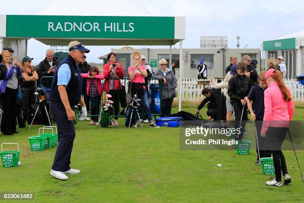 Colin Montgomerie gives a Radnor Hills Masterclass clinic with junior golfers ahead of the Senior Open Championship played at Royal Porthcawl Golf...
