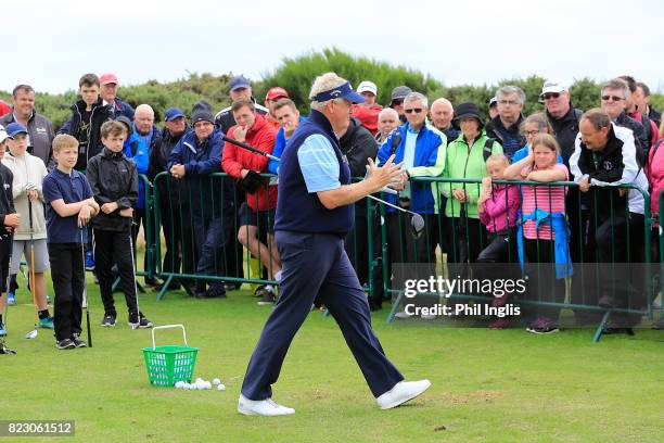 Colin Montgomerie gives a Radnor Hills Masterclass clinic with junior golfers ahead of the Senior Open Championship played at Royal Porthcawl Golf...