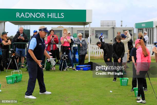 Colin Montgomerie gives a Radnor Hills Masterclass clinic with junior golfers ahead of the Senior Open Championship played at Royal Porthcawl Golf...