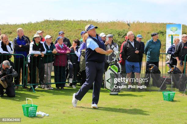 Colin Montgomerie gives a Radnor Hills Masterclass clinic with junior golfers ahead of the Senior Open Championship played at Royal Porthcawl Golf...