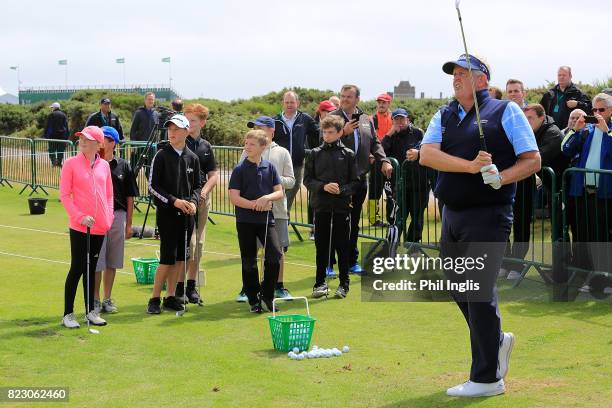 Colin Montgomerie gives a Radnor Hills Masterclass clinic with junior golfers ahead of the Senior Open Championship played at Royal Porthcawl Golf...