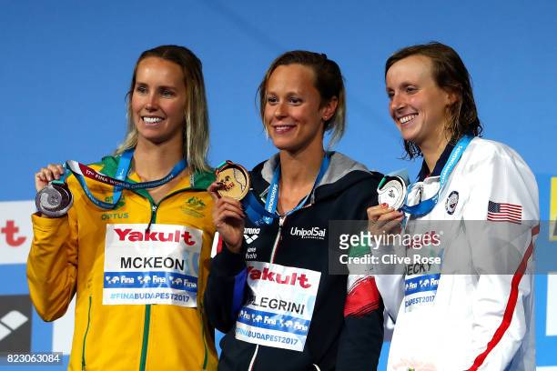 Silver medalist Emma Mckeon of Australia, gold medalist Federica Pellegrini of Italy and silver medalist Katie Ledecky of the United States pose with...