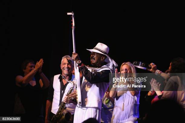 Larry Graham, Tina Graham, Dave Koz and Ashling Cole perform with audience members during the "Dave Koz and Larry Graham: Side By SIde Summer 2017"...