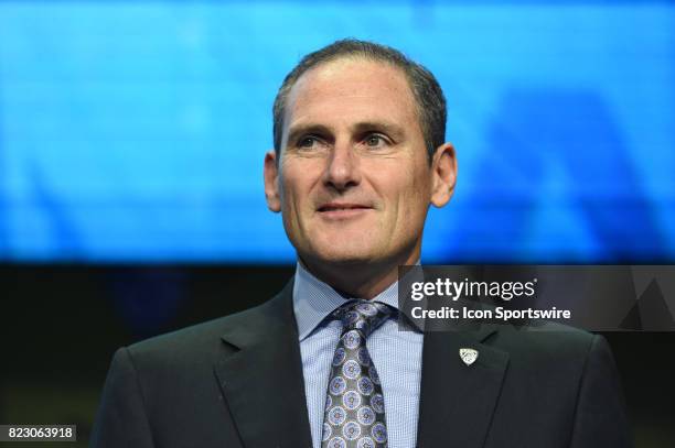 Larry Scott, Commissioner of the Pac-12 Conference speaks during the Pac-12 Football Media Day on July 26, 2017 at Hollywood & Highland in Los...