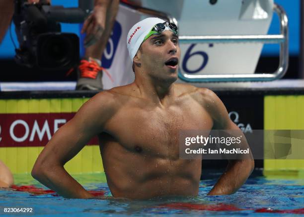 Chad Le Clos of South Africa celebrates after he wins the Men's 200m Butterfly final during day thirteen of the FINA World Championships at the Duna...