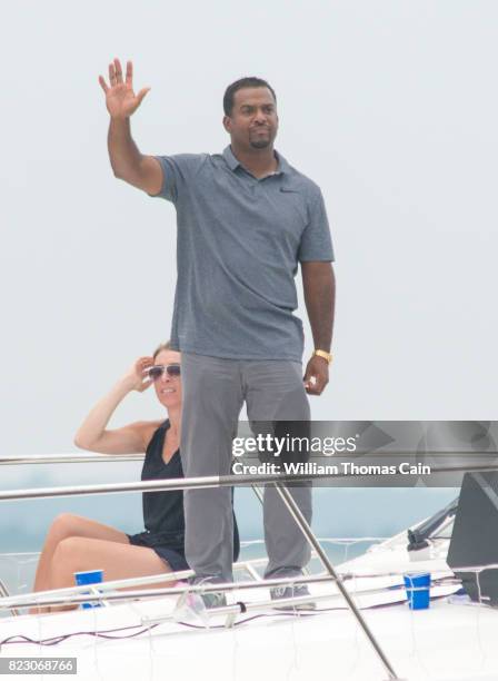 Grand Marshall, actor Alfonso Ribeiro waves to the crowd during the 2017 Night in Venice Boat Parade Saturday July 22, 2017 in Ocean City, , New...