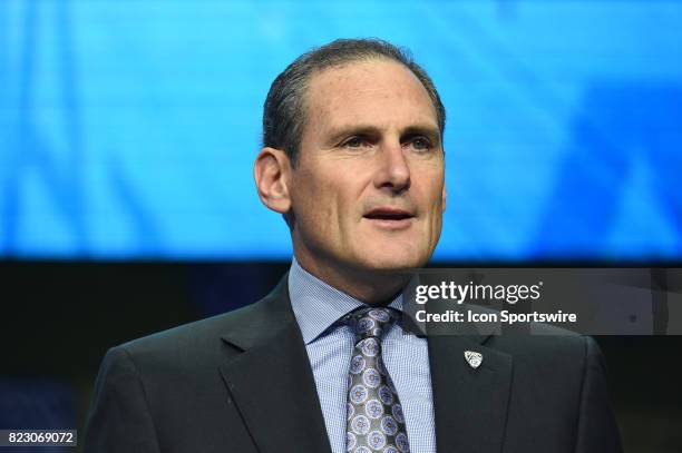 Larry Scott, Commissioner of the Pac-12 Conference speaks during the Pac-12 Football Media Day on July 26, 2017 at Hollywood & Highland in Los...