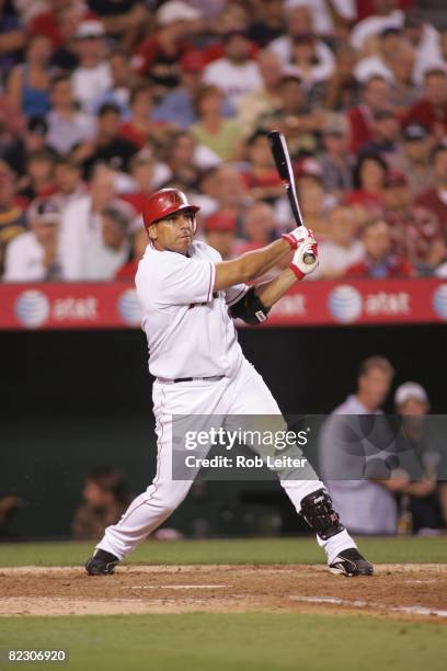 July 18: Juan Rivera of the Los Angeles Angels of Anaheim bats during the game against the Boston Red Sox at Angel Stadium in Anaheim, California on...