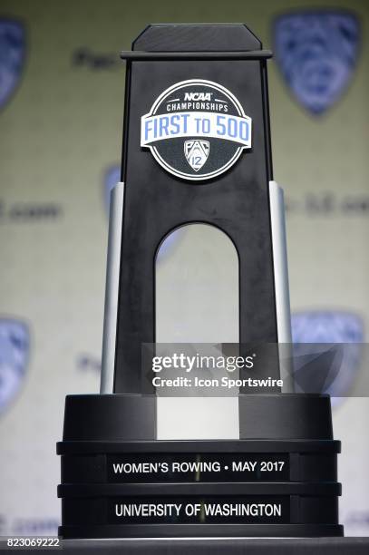 The trophy given to the Washington women's rowing team after winning the Pac-12 Conference's 500th NCAA championship during the Pac-12 Football Media...