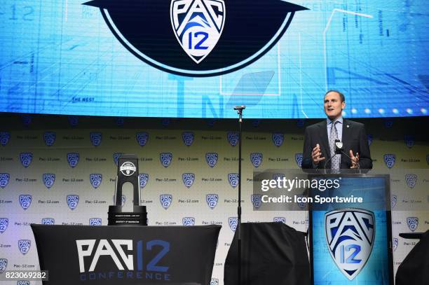 Larry Scott, Commissioner of the Pac-12 Conference, speaks during the Pac-12 Football Media Day on July 26, 2017 at Hollywood & Highland in Los...