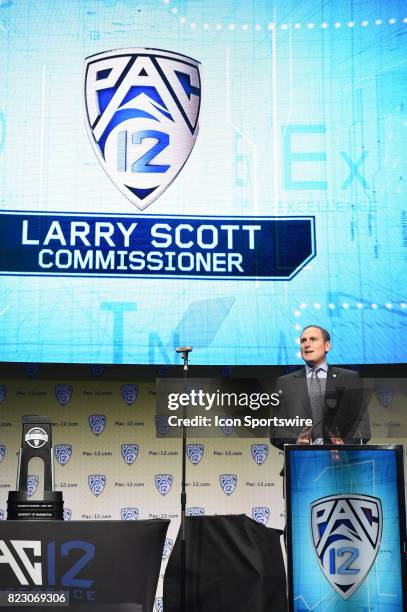 Larry Scott, Commissioner of the Pac-12 Conference, speaks during the Pac-12 Football Media Day on July 26, 2017 at Hollywood & Highland in Los...