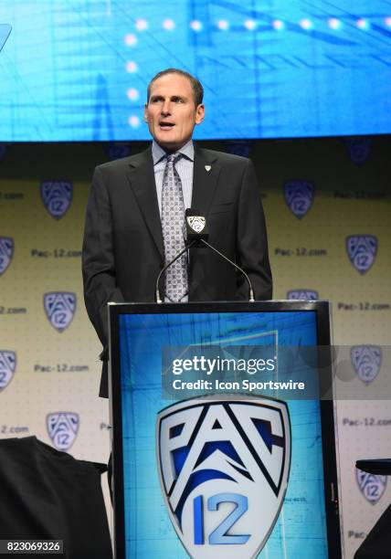 Larry Scott, Commissioner of the Pac-12 Conference, speaks during the Pac-12 Football Media Day on July 26, 2017 at Hollywood & Highland in Los...