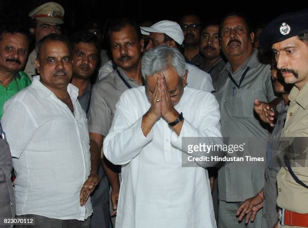 Bihar Chief Minister Nitish Kumar speaking to media after he submitted his resignation at Raj Bhawan on July 26, 2017 in Patna, India. Nitish Kumar...
