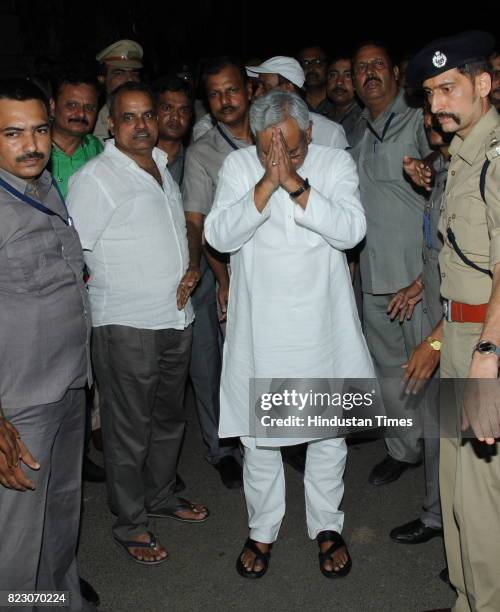 Bihar Chief Minister Nitish Kumar speaking to media after he submitted his resignation at Raj Bhawan on July 26, 2017 in Patna, India. Nitish Kumar...