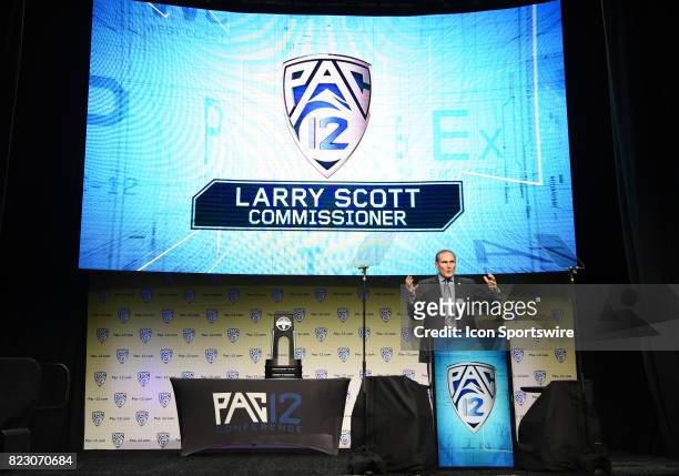 Larry Scott, Commissioner of the Pac-12 Conference speaks during the Pac-12 Football Media Day on July 26, 2017 at Hollywood & Highland in Los...