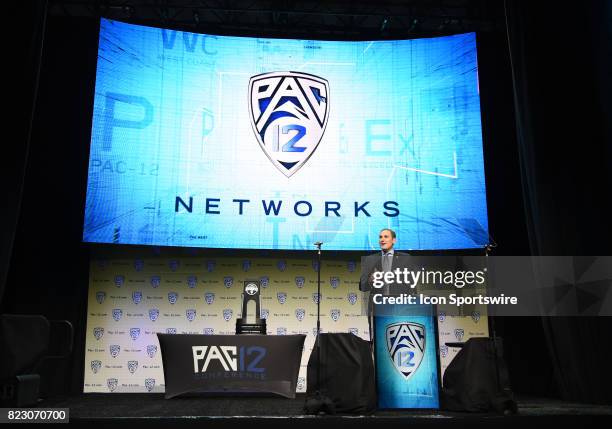 Larry Scott, Commissioner of the Pac-12 Conference speaks during the Pac-12 Football Media Day on July 26, 2017 at Hollywood & Highland in Los...