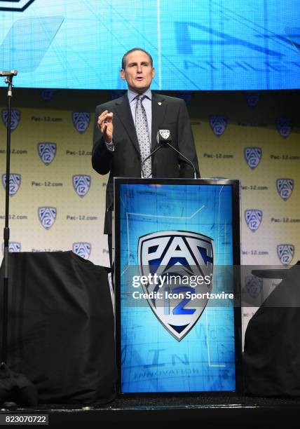 Larry Scott, Commissioner of the Pac-12 Conference speaks during the Pac-12 Football Media Day on July 26, 2017 at Hollywood & Highland in Los...