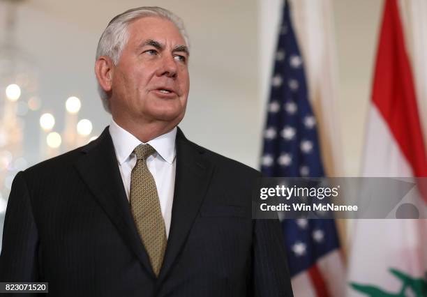 Secretary of State Rex Tillerson delivers remarks while meeting with Lebanese Prime Minister Saad Hariri at the State Department July 26, 2017 in...