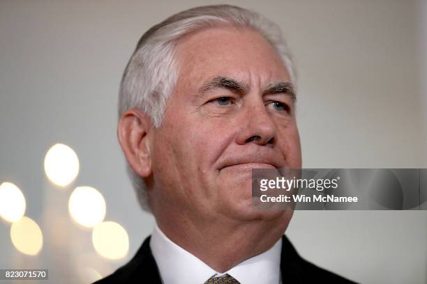 Secretary of State Rex Tillerson delivers remarks while meeting with Lebanese Prime Minister Saad Hariri at the State Department July 26, 2017 in...