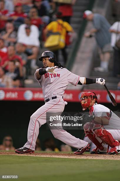 July 18: Manny Ramirez of the Boston Red Sox bats during the game against the Los Angeles Angels of Anaheim at Angel Stadium in Anaheim, California...