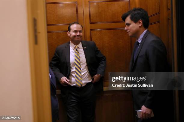 Sen. Mike Lee rides an elevator in the U.S. Capitol on July 26, 2017 in Washington, DC. Sen. Lee was one of nine republican senators to vote against...