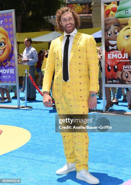 Actor T.J. Miller arrives at the premiere of 'The Emoji Movie' at Regency Village Theatre on July 23, 2017 in Westwood, California.