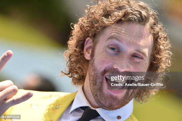 Actor T.J. Miller arrives at the premiere of 'The Emoji Movie' at Regency Village Theatre on July 23, 2017 in Westwood, California.