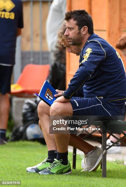Head Coach of Parma Callcio Roberto D' Aversa looks during the pre-season friendly match between Parma Calcio and Settaurense on July 26, 2017 in...