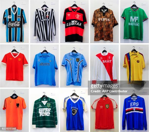 Combination of pictures created in London on July 26, 2017 shows football shirts at an exhibition entitled " The Art of the Football Shirt" at a...